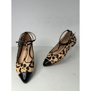 MaraisUSA Women T-Strap Animal Print‎ Brown Blk Pointy Toe Flats Sz 9 Cow Fur